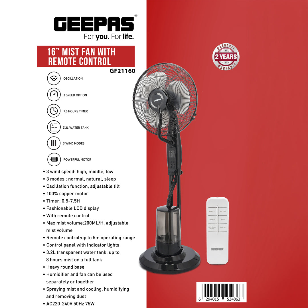 Geepas 16” Mist Fan with Remote Control | Powerful Cooling & Humidifying Solution | Adjustable Speed | Large Water Tank | Oscillation Function |  2 Years Warranty