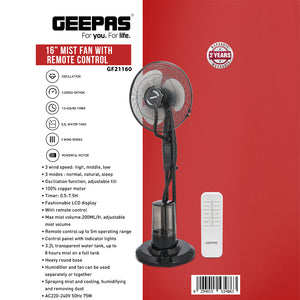 Geepas 16” Mist Fan with Remote Control | Powerful Cooling & Humidifying Solution | Adjustable Speed | Large Water Tank | Oscillation Function |  2 Years Warranty