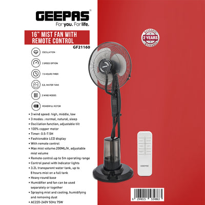 Geepas 16” Mist Fan with Remote Control | Powerful Cooling & Humidifying Solution | Adjustable Speed | Large Water Tank | Oscillation Function |  2 Years Warranty
