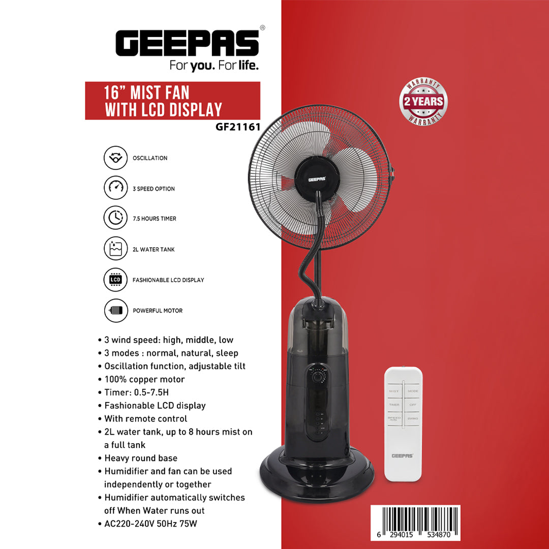 Geepas GF21161 16-Inch Mist Fan with LCD Display | 3 Wind Speeds| 3 Cooling Modes| 7.5-Hour Timer| 2L Water Tank| Remote Control| 100% Copper Motor| 2 Years Warranty