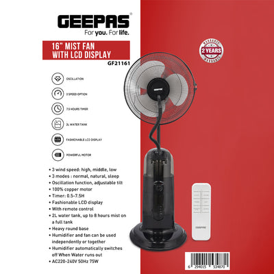 Geepas GF21161 16-Inch Mist Fan with LCD Display | 3 Wind Speeds| 3 Cooling Modes| 7.5-Hour Timer| 2L Water Tank| Remote Control| 100% Copper Motor| 2 Years Warranty