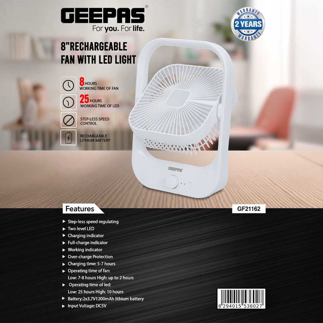 Geepas GF21162 8” Rechargeable Fan with LED Light | 2-Speed Powerful Airflow | Built-in Battery for Power Backup | Portable Design | Adjustable Tilt | 2 Years Warranty