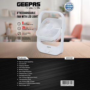 Geepas GF21162 8” Rechargeable Fan with LED Light | 2-Speed Powerful Airflow | Built-in Battery for Power Backup | Portable Design | Adjustable Tilt | 2 Years Warranty