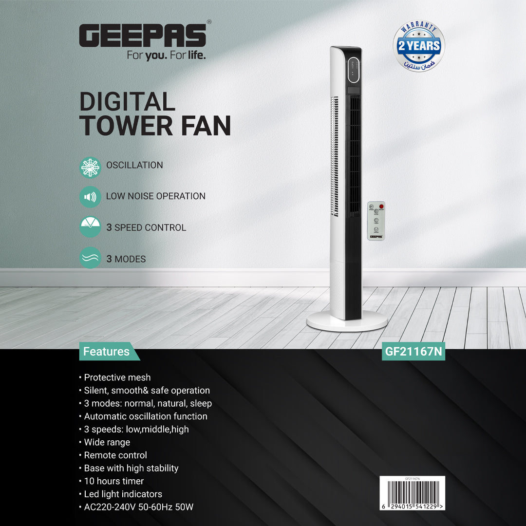 Geepas GF21167 Digital Tower Fan | 3 Wind Modes & 3 Speed Settings | Remote Control | 10-Hour Timer | LED Display | Powerful Airflow |  Safe Operation| 2 Years Warranty