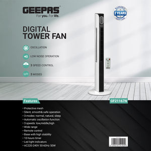 Geepas GF21167 Digital Tower Fan | 3 Wind Modes & 3 Speed Settings | Remote Control | 10-Hour Timer | LED Display | Powerful Airflow |  Safe Operation| 2 Years Warranty