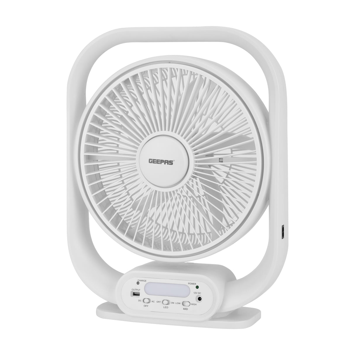 Geepas GF21189 Rechargeable 12-Inch Table Fan | Built-in LED Light | USB & Solar Charging Input| 3 Speed Settings| Long Battery Backup| Portable Design| 2 Years Warranty
