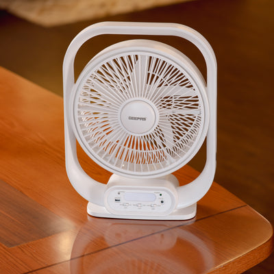 Geepas GF21189 Rechargeable 12-Inch Table Fan | Built-in LED Light | USB & Solar Charging Input| 3 Speed Settings| Long Battery Backup| Portable Design| 2 Years Warranty