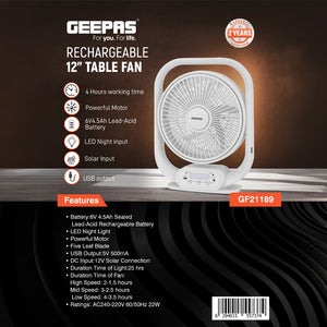 Geepas GF21189 Rechargeable 12-Inch Table Fan | Built-in LED Light | USB & Solar Charging Input| 3 Speed Settings| Long Battery Backup| Portable Design| 2 Years Warranty