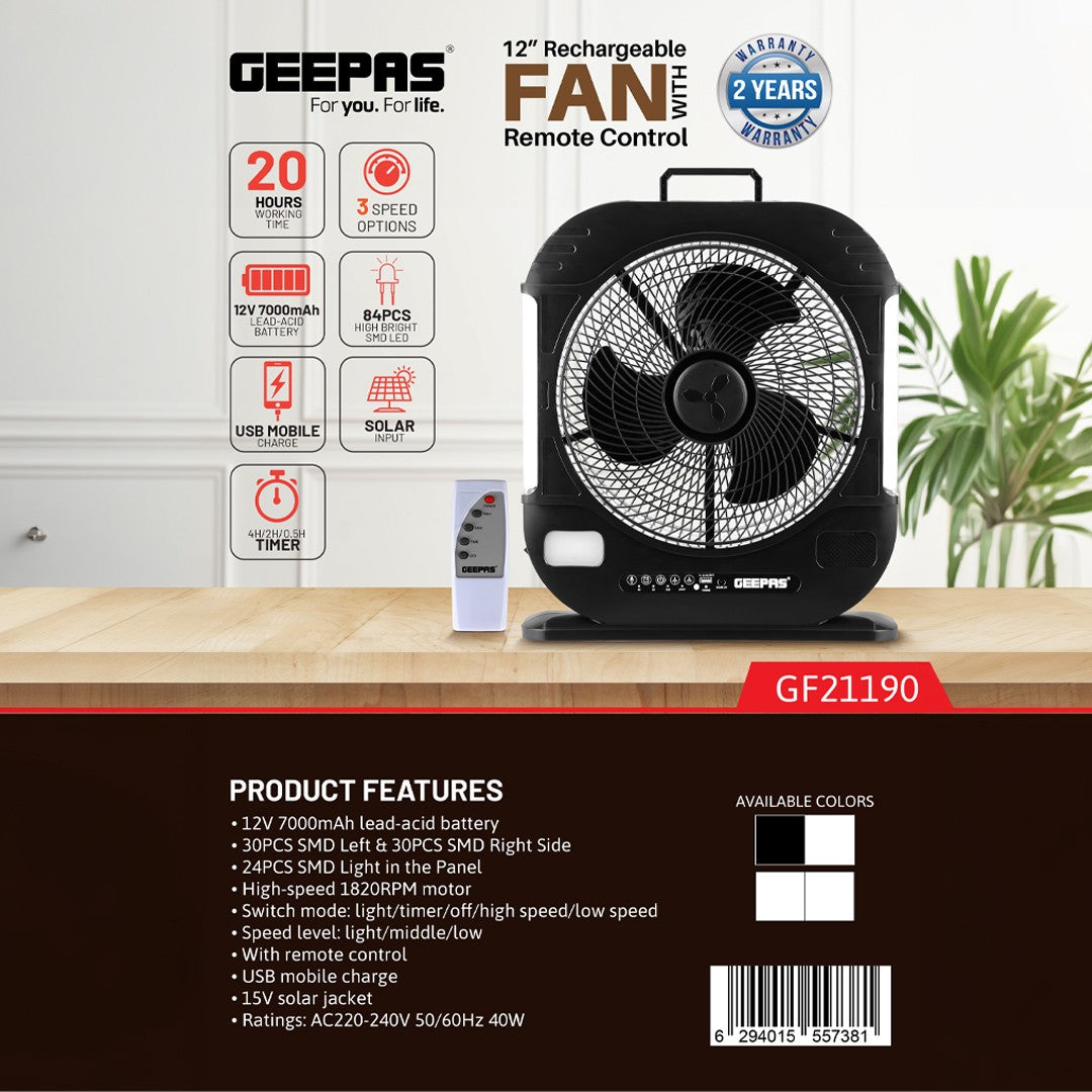 Geepas GF21190 12” Rechargeable Fan with Remote Control | 20 Hours Battery Backup| LED Light| USB Charging | Adjustable Speed| Energy Efficient Design| 2 Years Warranty