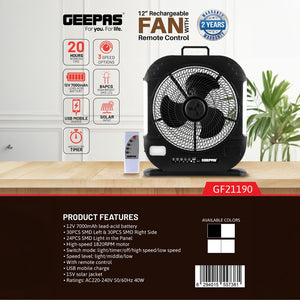Geepas GF21190 12” Rechargeable Fan with Remote Control | 20 Hours Battery Backup| LED Light| USB Charging | Adjustable Speed| Energy Efficient Design| 2 Years Warranty