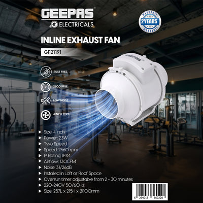 Geepas GF21191 4-Inch Inline Exhaust Fan | Low Noise Ventilation Fan with 2 Speed Settings| 23 W Powerful Motor| Durable Design | Rust-Free Body | 2 Years Warranty