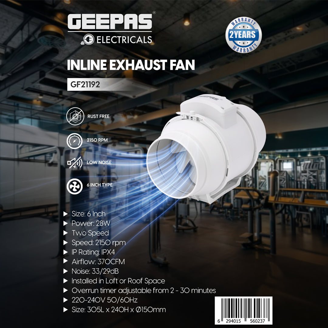 Geepas Inline Exhaust Fan GF21192 – 6", 28W, 2150 RPM, 370 CFM, Rust-Free, Low Noise, IPX4, Ideal for Homes & Commercial Spaces, 1-Year Warranty, White