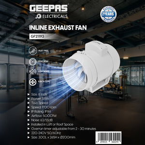 Geepas GF21193 Inline Exhaust Fan | 8" | 1700 RPM | 500 CFM | 55W | Rust-Free | Low Noise | Ideal for Kitchens, Bathrooms & Basements | 2-Year Warranty