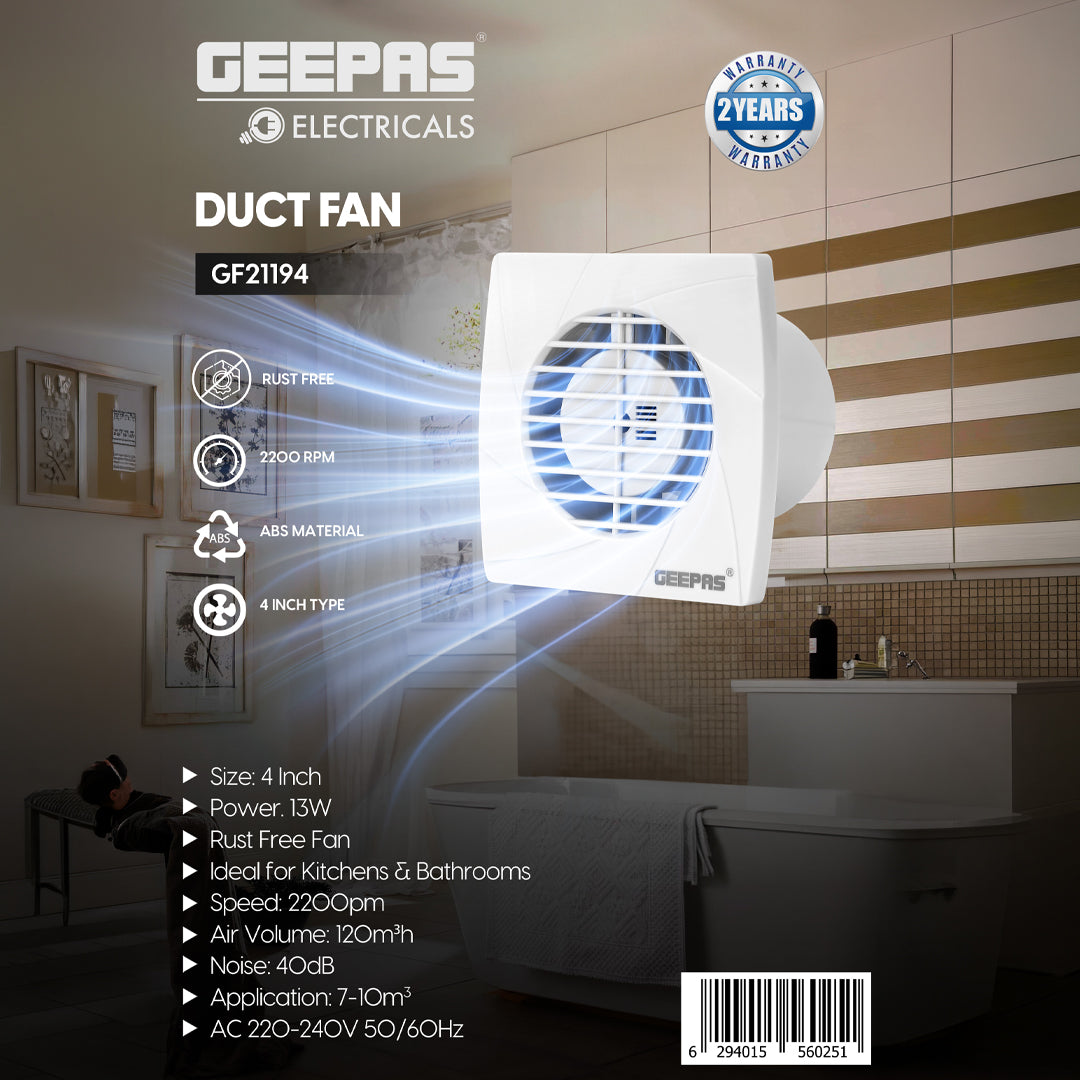 Geepas 4" Duct Fan- GF21194/ 2200 RPM, Exhaust Ventilation Fans/ 13 w, Perfect for Residential and Commercial Use/ with a Rust-Free ABS Body/ 2 Year Warranty, White