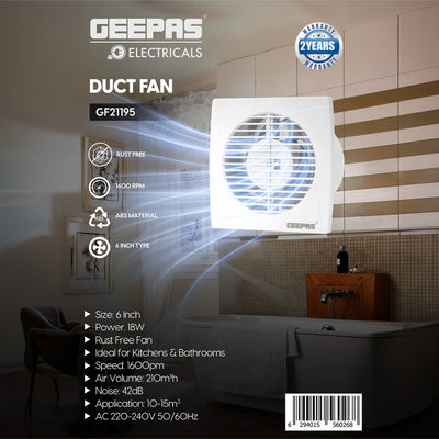 Geepas Duct Fan GF21195 – 6 Inch | Rust-Free Durable Ventilation Fan | Powerful Motor| Low Noise Operation | Ideal for Kitchen, Bathroom & Office | 2 Years Warranty