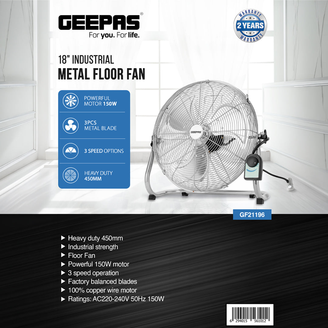 Geepas GF21196 18 Inch Industrial Metal Floor Fan | 150W Copper Motor| Durable Metal Blades | Adjustable Height | Robust Airflow | Energy Efficient | 2 Years Warranty