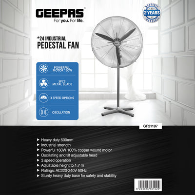 Geepas GF21197 24-Inch Industrial Pedestal Fan | 160W Copper Motor | 3-Speed Metal Blade Fan | Wide Oscillation Function  | Tilt Adjustable Fan Head | 2-Year Warranty