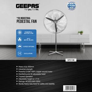 Geepas GF21198 26 Inch Industrial Pedestal Fan | 210W Copper Motor | 650mm 3 Metal Blade Fan with Oscillation | 3 Speeds| Adjustable Height | Heavy Duty Cooling Airflow