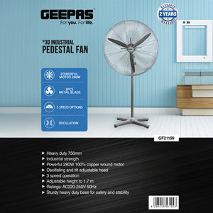 Geepas 30 Inch Industrial Pedestal Fan GF21199 | High Power 280W Motor| Durable 3 Metal Blades| Adjustable Height| 3-Speed Settings| Robust Airflow| 2 Years Warranty