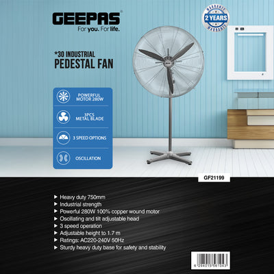 Geepas 30 Inch Industrial Pedestal Fan GF21199 | High Power 280W Motor| Durable 3 Metal Blades| Adjustable Height| 3-Speed Settings| Robust Airflow| 2 Years Warranty