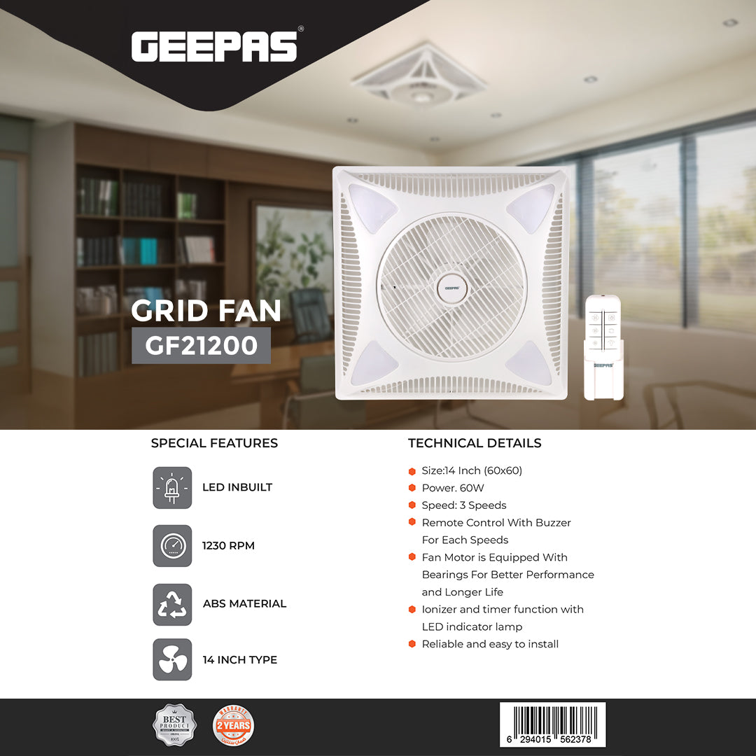 Geepas Grid Fan-GF21200/Comes with Inbuilt LED, 14-inch Size, LED Inbuilt, 3-Speed Control, 1230 RPM, Remote Control/ ABS Durable Material,  White Color, 2 Years Warranty
