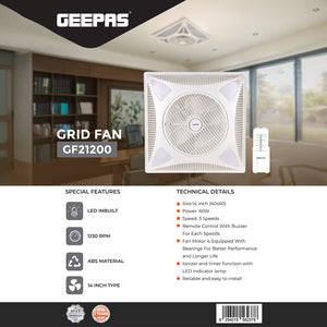 Geepas Grid Fan-GF21200/Comes with Inbuilt LED, 14-inch Size, LED Inbuilt, 3-Speed Control, 1230 RPM, Remote Control/ ABS Durable Material,  White Color, 2 Years Warranty