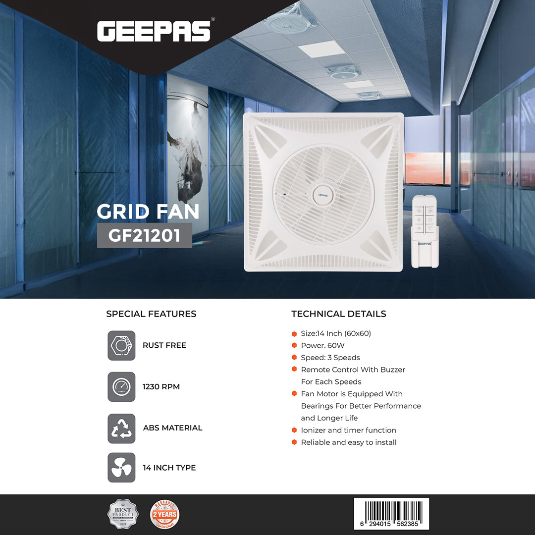 Geepas Grid Fan GF21201 | 14" Rust-Free Fan with 3-Speed Remote, Ionizer & Timer | 1230 RPM, ABS Body, Durable Cooling for Large Rooms | White, 2-Year Warranty