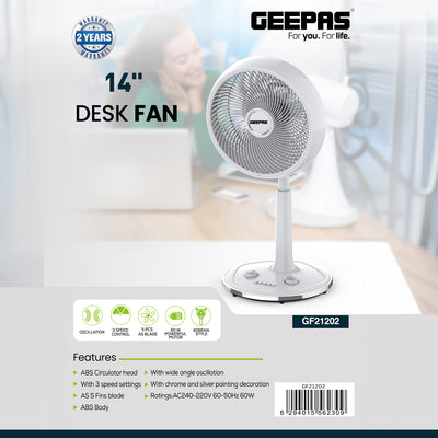 Geepas 14" Desk Fan GF21202 | Korean Style Table Fan with 3 Speeds, Wide Angle Oscillation & Powerful 60W Motor for Efficient Cooling | 2 Years Warranty