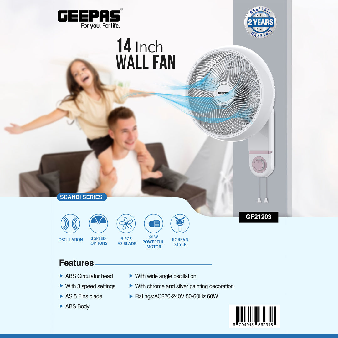 Geepas GF21203 14" Wall Fan | Korean Style, 3-Speed Controls, Pull Cords, Wide Angle Oscillation, 60W Motor, High Performance, White, 2-Year Warranty