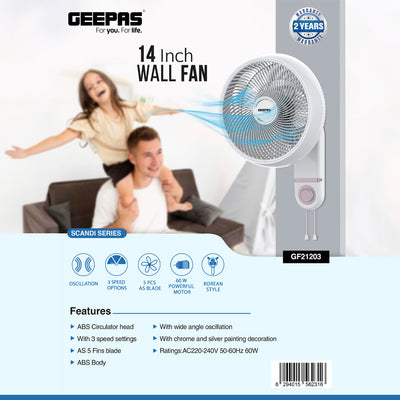 Geepas GF21203 14" Wall Fan | Korean Style, 3-Speed Controls, Pull Cords, Wide Angle Oscillation, 60W Motor, High Performance, White, 2-Year Warranty