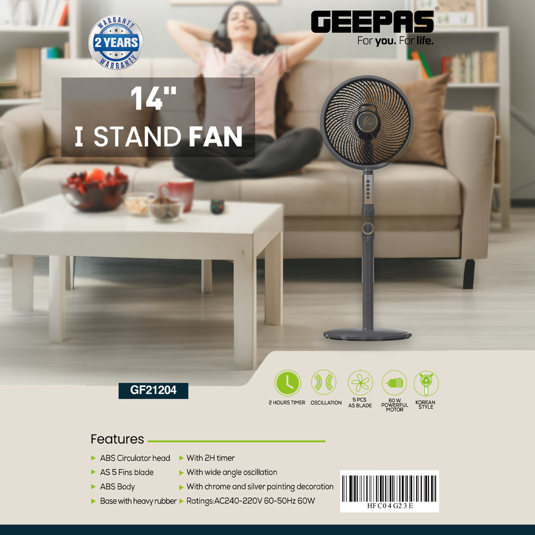 Geepas 14" Stand Fan- GF21204/Korean Design, Pedestal Fans/Adjustable Oscillation, Efficient 60 W Motor /Perfect for Home, Office, Study Room Etc/ 2 Years Warranty