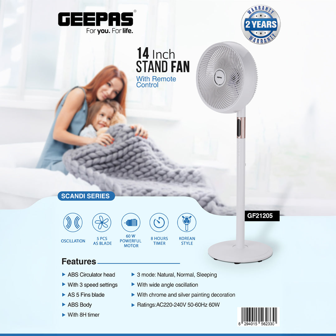 Geepas GF21205 14” Stand Fan with Remote Control | Scandi Series, 60W Motor| 3-Speed| 8H Timer| 5-Blade Air Circulation| Wide Oscillation| Korean Style| 2 Years Warranty