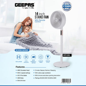 Geepas GF21205 14” Stand Fan with Remote Control | Scandi Series, 60W Motor| 3-Speed| 8H Timer| 5-Blade Air Circulation| Wide Oscillation| Korean Style| 2 Years Warranty