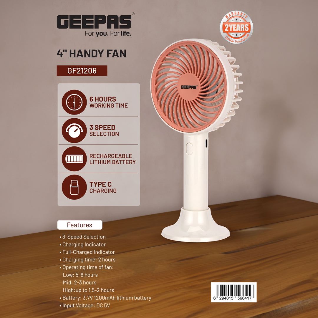 Geepas GF21206 4-Inch Rechargeable Handy Fan | Portable Personal Fan with Powerful Motor| 3 Speed Settings| USB Charging| Long Battery Life| Lightweight| 2 Years Warranty