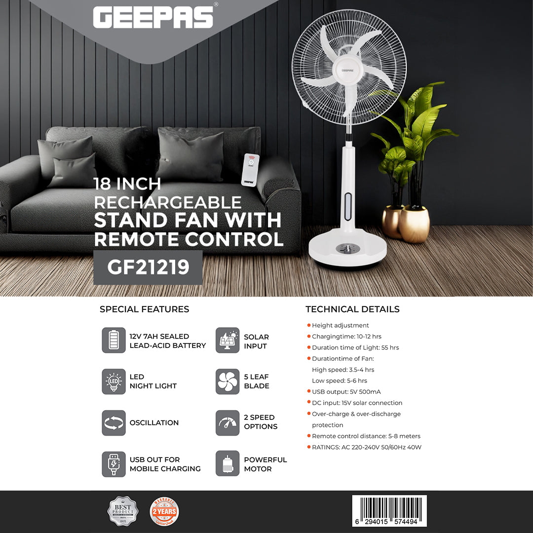 Geepas GF21219 18 Inch Rechargeable Stand Fan | Remote Control | Solar Input |LED Night Light| Powerful Motor for Home Backup Cooling Use During Power Cuts Daily Use