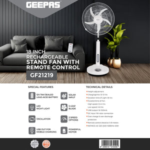 Geepas GF21219 18 Inch Rechargeable Stand Fan | Remote Control | Solar Input |LED Night Light| Powerful Motor for Home Backup Cooling Use During Power Cuts Daily Use