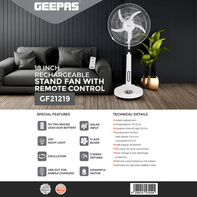 Geepas GF21219 18 Inch Rechargeable Stand Fan | Remote Control | Solar Input |LED Night Light| Powerful Motor for Home Backup Cooling Use During Power Cuts Daily Use