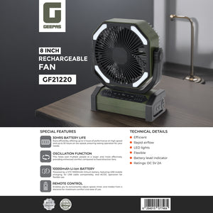 Geepas 8" Rechargeable Fan with LED Light GF21220 |10000mAh Battery, Up to 30H Working Time, Powerful Cooling, Oscillation Function, Remote Control, 2Year Warranty, Black