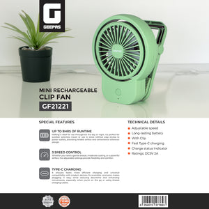Geepas Mini Rechargeable Clip Fan- GF21221/ High Performance Fans with 3-Speed Controls, 8 Hours Runtime/ Type-C Charging, with Status Indicator/ 2 Years Warranty, Green