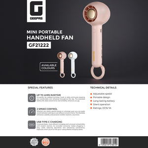 Geepas Mini Portable Handheld Fan- GF21222/ 2 Speed Control, 4 Hours Long Working Time/Small, Lightweight, Rechargeable for Indoor and Outdoor Use/White, 2 Years Warranty