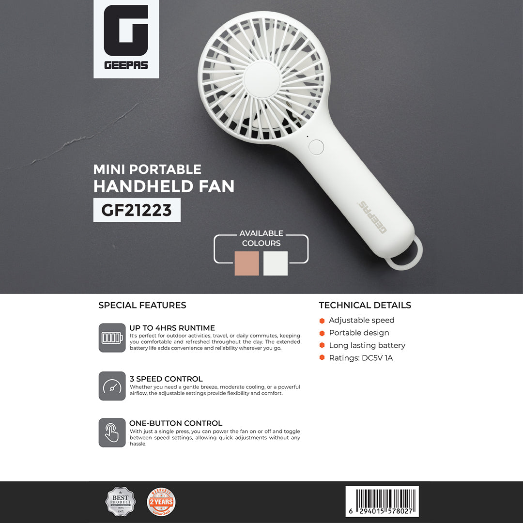 Geepas Mini Portable Handheld Fan GF21223 | 3 Speed Control, One-Button Operation, Up to 4H Runtime, Long-Lasting Rechargeable Battery, Portable Design for Travel & Home