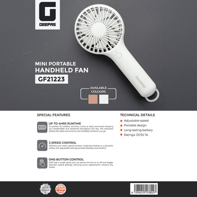 Geepas Mini Portable Handheld Fan GF21223 | 3 Speed Control, One-Button Operation, Up to 4H Runtime, Long-Lasting Rechargeable Battery, Portable Design for Travel & Home