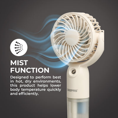 Geepas Mini Handheld Mist Fan GF21224|3 Speed Settings, Mist Spray Function, Up to 6H Runtime, Rechargeable Long-Lasting Battery, Silent Cooling Fan for Travel & Outdoors