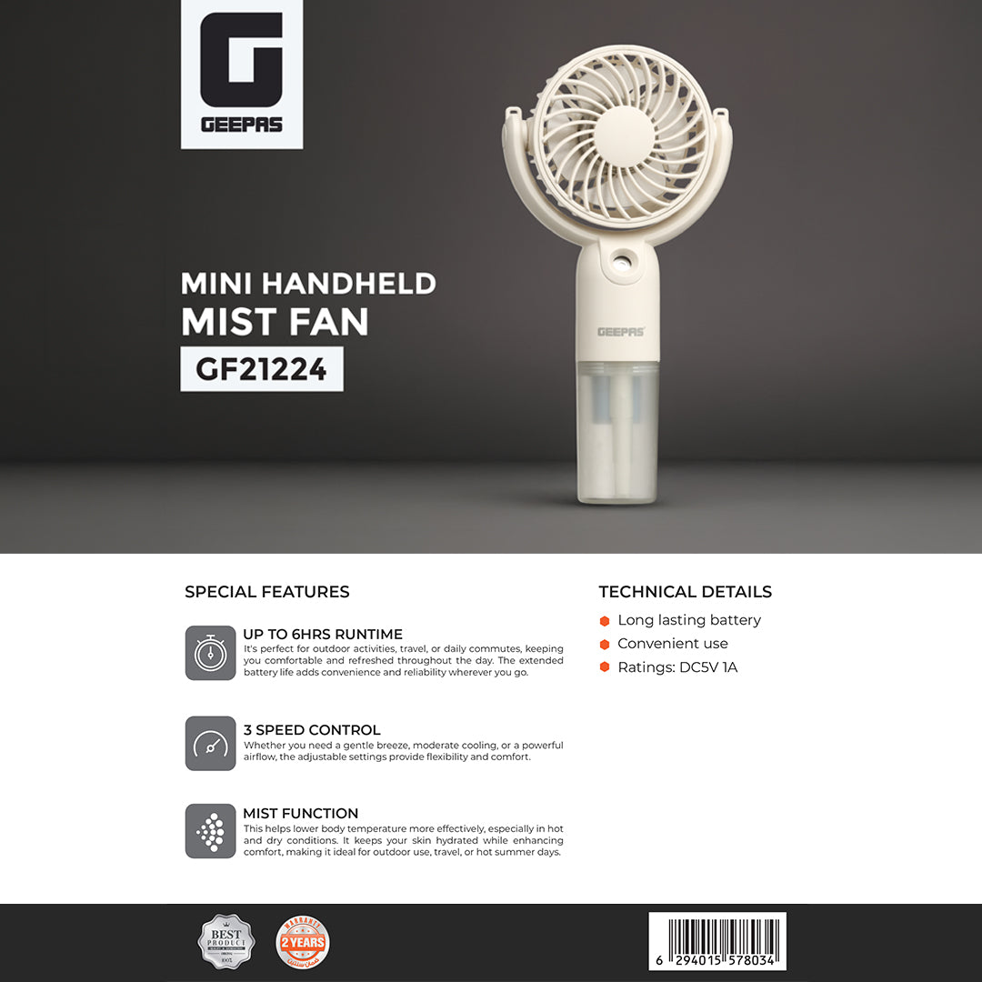 Geepas Mini Handheld Mist Fan GF21224|3 Speed Settings, Mist Spray Function, Up to 6H Runtime, Rechargeable Long-Lasting Battery, Silent Cooling Fan for Travel & Outdoors