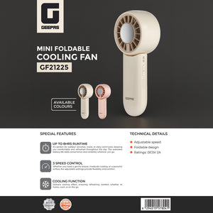 Geepas Mini Foldable Cooling Fan- GF21225/ 3 Speed Control, Cooling Function, 8 Hours Long Working Time/Small, Portable Design  for Women and Men/ Pink, 2 Years Warranty