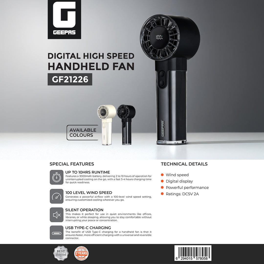 Geepas Digital High Speed Handheld Fan- GF21226/ 100 Wind Levels, 2-10 Hours Long Working Time/ Small, Lightweight, Portable Design, for Women and Men, Makeup Artist