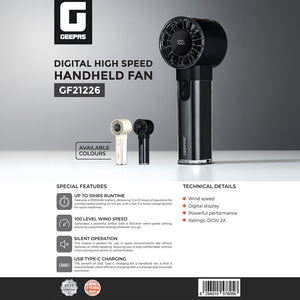 Geepas Digital High Speed Handheld Fan- GF21226/ 100 Wind Levels, 2-10 Hours Long Working Time/ Small, Lightweight, Portable Design, for Women and Men, Makeup Artist