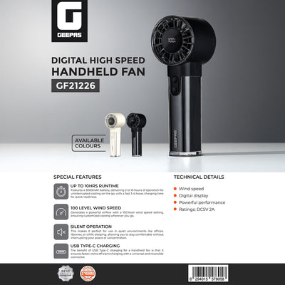 Geepas Digital High Speed Handheld Fan- GF21226/ 100 Wind Levels, 2-10 Hours Long Working Time/ Small, Lightweight, Portable Design, for Women and Men, Makeup Artist