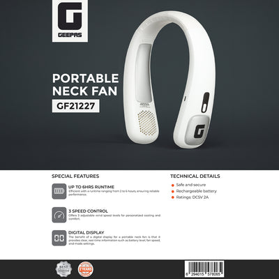 Geepas Portable Neck Fan- GF21227/ 6 H Working Time, 3 Speed Levels/Digital Display, Lightweight, Indoor and Outdoor Use/ Silent, Safe and Secure/ White, 2 Years Warranty
