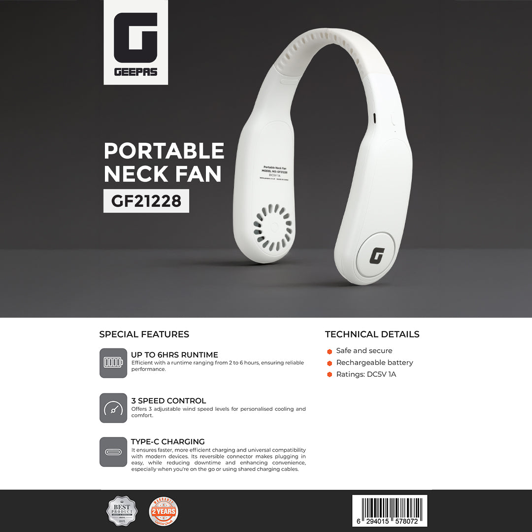 Geepas Portable Neck Fan- GF21228/ 6 Hours Long Working Time, 3 Speed Levels/ Lightweight, for Indoor and Outdoor Use/ Silent, Safe and Secure/ White, 2 Years Warranty